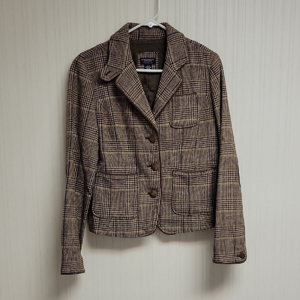 American Eagle Y2K Academia Brown Houndstooth Blazer, Elbow Patches. Med